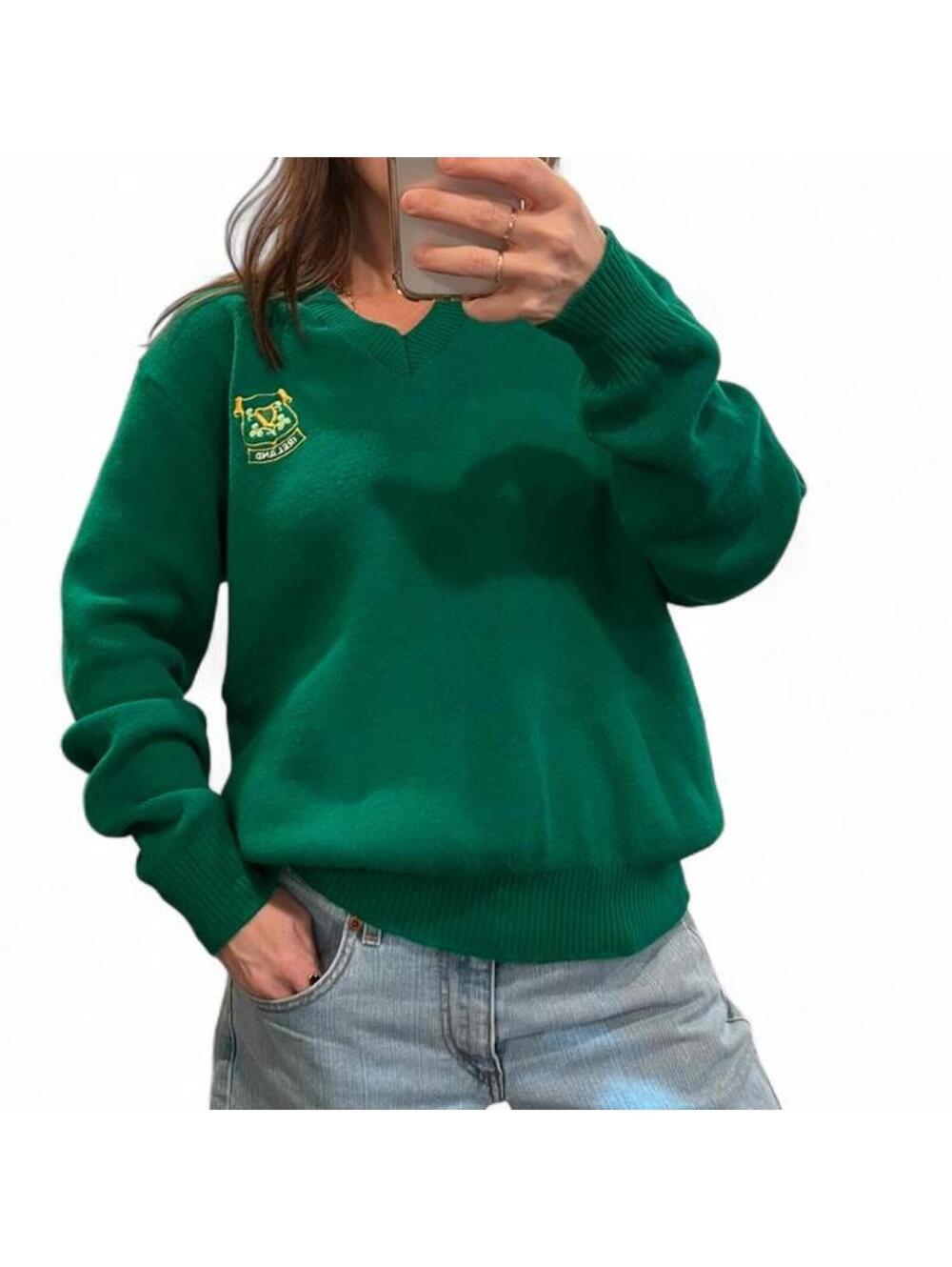 Vintage Ireland V-Neck Sweater Made in Ireland Green Crest Knit